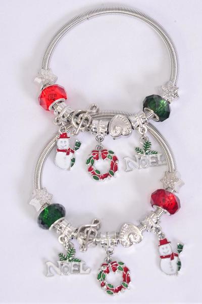 Charm Bracelet XMAS Enamel Wreath Snowman Noel Charm Mix / 12 pcs = Dozen Christmas , Stretch , Hang Tag & Opp Bag & UPC Code