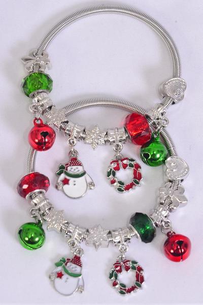 Charm Bracelet Xmas Enamel Wreath Snowman Charm Mix / 12 pcs = Dozen Christmas , Stretch , Hang Tag & Opp Bag & UPC Code