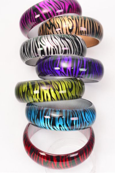 Bracelet Bangle Acrylic Cat-eye Zebra Print Multi / 12 pcs = Dozen Size - 2.75" x 1", 2 Fuchsia , 2 Blue , 2 Purple , 2 Gold , 2 Silver , 1 Lime , 1 Red  Color Mix , Hang tag and Opp bag & UPC Code