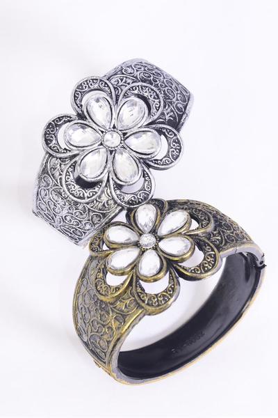 Bracelet Bangle Acrylic Hinge Flower Antique / 12 pcs = Dozen Size-2" x 2.75" Dia Wide , 6 Antique Gold , 6 Antique Silver Mix , Hang Tag & Opp Bag & UPC Code 