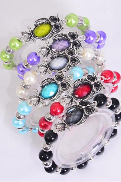 Bracelet Owl Marble Look Glass Pearl Silver Beads / 12 pcs = Dozen match 02656 70316 Stretch , Owl Size - 1.5"x  0.75" wide , 2 of each Pattern Asst , Hang Tag & OPP Bag & UPC Code