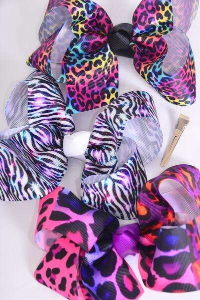 Hair Bow Jumbo Animal Pattern Mix Grosgrain Bow-tie / 12 pcs Bow = Dozen Alligator Clip , Size - 6" x  5" Wide , 4 Of Each Pattern Asst , Clip Strip and UPC Code