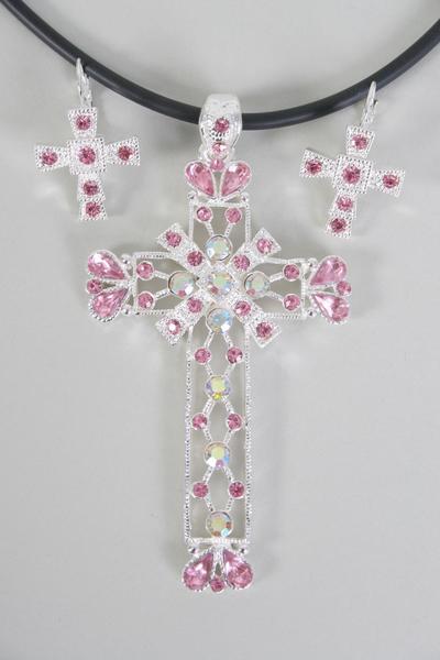 Necklace Sets Large Cross Rhinestones / Sets French Post , Size -18" , Cross Size-3.5"x 2" Wide , Earring -1" x 0.75" Wide , Extenstion Chain , Display Card & OPP Bag & UPC Code , Choose Colors
