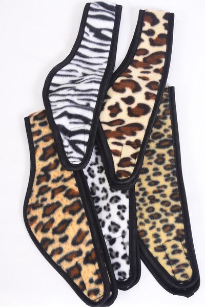 Polar Fleece Head Wrap Leopard & Zebra Mix Velcro / 12 pcs = Dozen  Size - 23"x 4.5" , 3 of each Pattern Asst , Hang Tag & UPC Code , OPP Bag