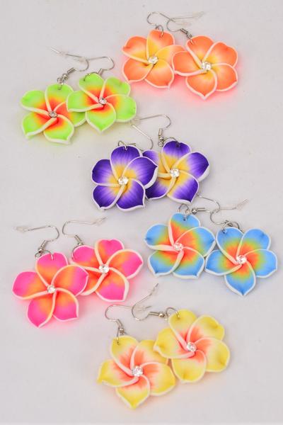 Earrings Paint Flowers Aloha Multi / 12 pair = Dozen Fish Hook , Flower Size - 1.25" Wild , 2 of Each Color Asst , Earring Card & Opp Bag & UPC Code