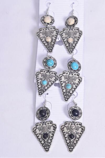 Earrings Metal Antique Western Look Semiprecious Stone / 12 pair = Dozen Fish Hook , Size - 2" x 1" Wide , 4 Black , 4 Ivory , 4 Turquoise Asst , Earring Card & OPP Bag & UPC Code 
