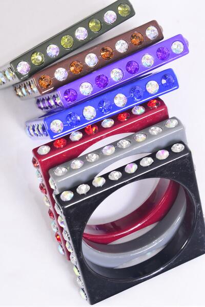 Bracelet Bangle Acrylic Square Clear Stones All Rround / 12 pcs = Dozen Size - 0.5 " x 2.75" Dia Wide , Choose Colours , Hang tag & OPP Bag & UPC Code