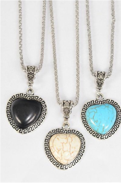 Necklace Silver Chain Metal Antique Heart Semiprecious Stone / 12 pcs = Dozen  Match 02932 Pendant -1.25" x 1" Wide , Chain-18" Extension Chain , 4 Ivory , 4 Black , 4 Turquoise Asst , Hang Tag & OPP Bag & UPC Code