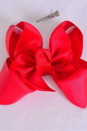 Hair Bow Jumbo Hot Red Grosgrain Bow-tie / 12 pcs Bow = Dozen Hot Red , Alligator Clip , Size - 6" x 5" Wide , Clip Strip and UPC Code