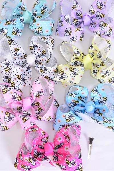 Hair Bow Jumbo Cute Honey Bee W Flowers Grosgrain Bow-tie Pastel / 12 pcs Bow = Dozen Alligator Clip , Size - 6"x 5" , 2 White , 2 Baby Pink , 2 Lavender , 2 Blue , 2 Yellow , 1 Hot Pink , 1 Mint Green Color Asst , Clip Strip & UPC Code