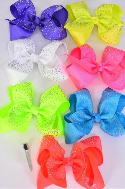 Hair Bow Jumbo Iridescent Studded Grosgrain Bow-tie Caribbean Neon / 12 pcs Bow = Dozen Alligator Clip , Bow Size - 6" x 5" Wide , 2 Turquoise , 2 Orange , 2 White , 2 Pink , 2 Purple, 1 Yellow, 1 Lime Mix , Clip Strip and UPC Code,