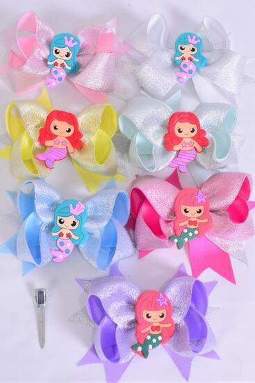Hair Bow Jumbo Double Layered Mermaid Charm Pastel Grosgrain Bow-tie / 12 pcs Bow = Dozen Alligator Clip , Size-6"x 5" Wide ,2 White ,2 Pearl Pink ,2 Hot Pink ,2 Lavender ,2 Mint Green ,1 Yellow ,1 Blue Color Asst , Clip Strip & UPC Code