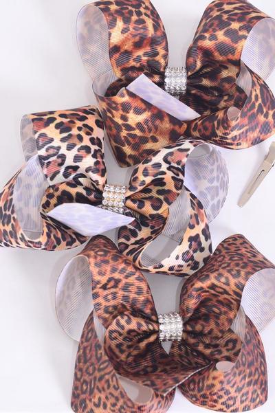 Hair Bow Jumbo Leopard Pattern Mix Grosgrain Bow-tie / 12 pcs Bow = Dozen Alligator Clip , Size-6"x 5" Wide , 4 of each Pattern , Clip Strip & UPC Code