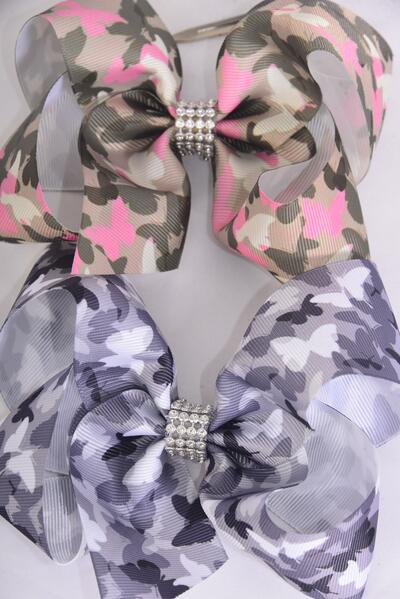 Hair Bow Jumbo Camouflage Butterfly Print Grosgrain Bow-tie Camo / 12 pcs Bow = Dozen Alligator Clip , Size - 6" x 5" Wide , 6 Of Each Pattern Asst , Hang Tag and UPC Code