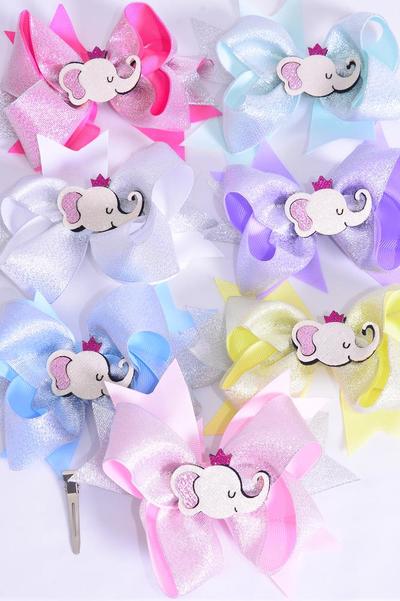 Hair Bow Jumbo Double Layered Metallic Elephant Charm Pastel Grosgrain Bow-tie / 12 pcs Bow = Dozen Alligator Clip , Size-6"x 5" Wide , 2 White , 2 Pink , 1 Blue , 1 Yellow , 2 Lavender , 2 Hot Pink , 2 Mint Green Color Asst , Clip Strip & UPC Code