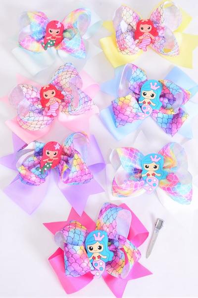 Hair Bow Jumbo Double Layered Mermaid Charm Grosgrain Bow-tie Pastel / 12 pcs Bow = Dozen  Alligator Clip , Size - 6" x 6" Wide ,2 White ,2 Pink ,1 Blue ,1 Yellow ,2 Lavender ,2 Hot Pink ,2 Mint Green Color Asst , Clip Strip & UPC Code
