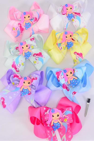 Hair Bow Jumbo Double Layered Mermaid Charm Pastel Grosgrain Bow-tie / 12 pcs Bow = Dozen Alligator Clip , Size - 6" x 6" Wide , 2 White, 2 Pink, 1 Blue, 1 Yellow, 2 Lavender, 2 Hot Pink, 2 Mint Green Color Asst , Clip Strip & UPC Code