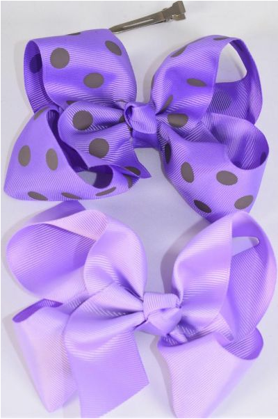 Hair Bow Jumbo Lavender Polka dots Mix Grosgrain Bow-tie / 12 pcs Bow = Dozen Lavender Mix , Alligator Clip , Size-6"x 5" Wide , 6 of each Pattern Asst , Clip Strip & UPC Code