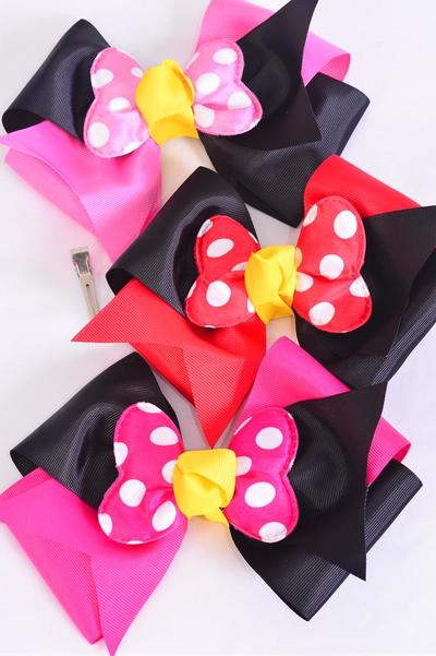 Hair Bow Extra Jumbo Cheer Type Bow Double Layered Polka dot Grosgrain Bow-tie Pink Mix / 12 pcs Bow = Dozen  Alligator Clip , Size-7"x 6" Wide , 4 of each Pattern Asst , Clip Strip & UPC Code