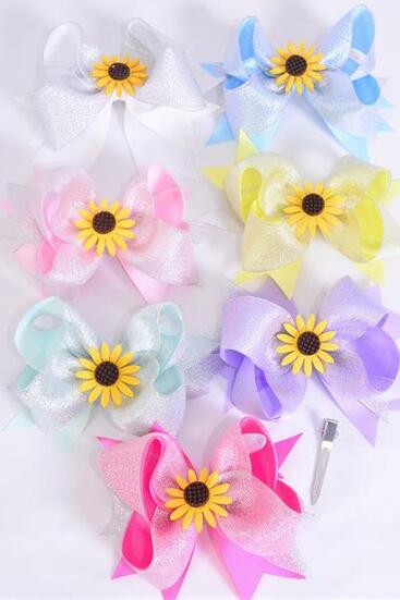 Hair Bow Jumbo Double Layered Happy Sunflower Charm Pastel Grosgrain Bow-tie / 12 pcs Bow = Dozen  Alligator Clip ,Size-6"x 5" Wide ,2 White ,2 Pearl Pink ,2 Hot Pink ,2 Lavender , 2 Mint Green , 1 Yellow , 1 Blue Color Asst ,Clip Strip & UPC Code