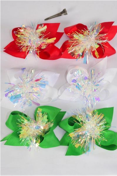 Hair Bow 24 pcs XMAS Center Iridescent Grosgrain Bow-tie / 12 pair Bow = Dozen Christmas , Size-4" x 3" Wide , 4 Red , 4 White , 4 Green Mix ,Clip Strip & UPC Code , 24 pcs per Clip Strip