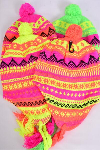 Winter Knit Hat Neon Snowflake Fleece Inside Polyester Heavy Weight For Kids / 12 pcs = Dozen  Color - 3 Neon Pink , 3 Neon Orange , 3 Neon Lime , 3 Neon Yellow Color Asst , Hang Tag & OPP Bag and UPC Code