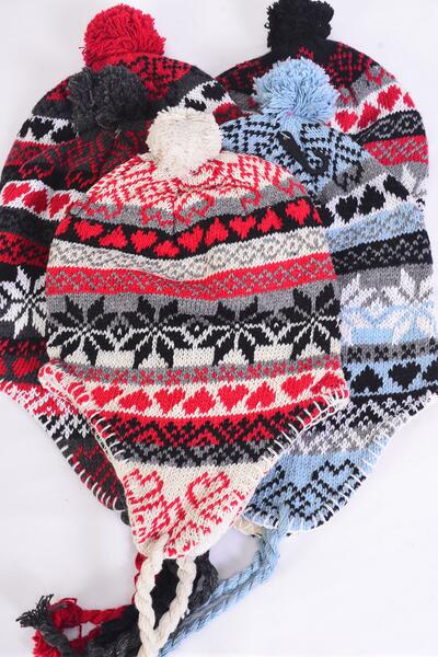 Winter Knit Hat Snowflake Fleece Inside / 12 pcs = Dozen  Colors- 3 Red , 3 Black , 2 Beige , 2 Blue , 2 Gray Color Asst , OPP Bag and UPC Code