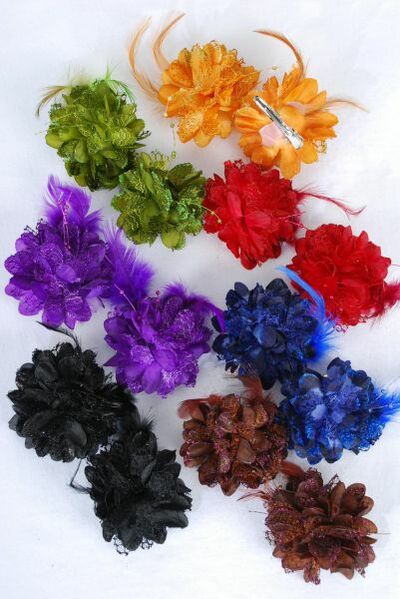 Flowers 24 pcs Lace & Feathers & Bead String Dark Multi / 24 pcs Flower = Dozen Flower Size - 2.75" Wide , 2 Black , 2 Brown , 2 Purple , 2 Burgundy , 2 Navy , 1 Olive , 1 Gold Color Asst , Display Cared & UPC Code, Clear Box