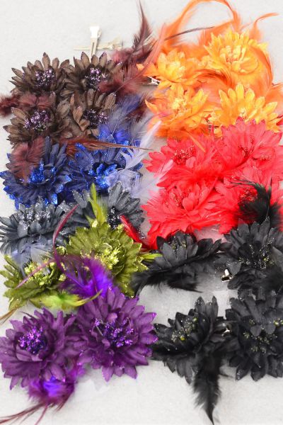 Flowers 24 pcs Glitter Trim Feathers Dark Multi / 24 pcs Flower = Dozen  Alligator Clip , Flower Size - 2.75" Wide , 2 Black , 2 Red , 2 Orange , 2 Brown , 1 Purple , 1 Olive , 1 Gray, 1 Navy Color Asst