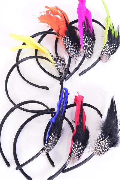 Headband Horseshoel Feather Multi / 12 pcs = Dozen Multi , 2 Yellow , 2 Orange , 2 White , 2 Royal , 2 Fuchsia , 1 Red , 1 Lime Color Asst , Hang tag & UPC Code , Clear Box