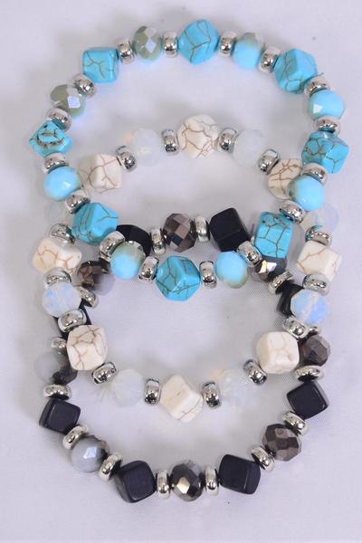 Bracelet 10 mm Glass Crystal &  Square Semiprecious Stone Mix / 12 pcs = Dozen Stretch , 4 Ivory , 4 Black , 4 Turquoise Mix , Hang Tag & Opp Bag & UPC Code