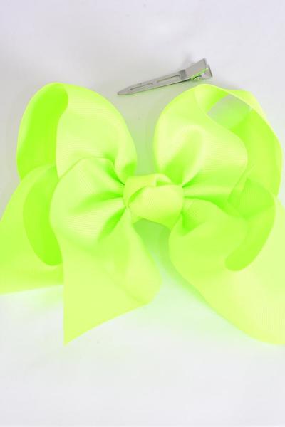 Hair Bow Jumbo Neon Lime Grosgrain Bow-tie / 12 pcs Bow = Dozen Neon Lime , Alligator Clip , Size - 6" x 5" Wide , Clip Strip & UPC Code