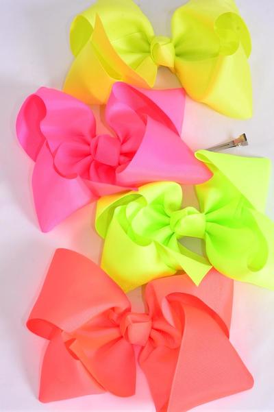 Hair Bow Extra Jumbo Cheer Type Bow Neon Grosgrain Bow-tie / 12 pcs Bow = Dozen Alligator Clip , Size - 8" x 7" Wide ,  3 Neon Pink , 3 Neon Orange , 3 Neon Lime , 3 Neon Yellow Color Asst , Clip Strip and UPC Code
