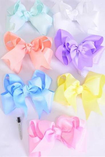 Hair Bow Jumbo Double Layered Pastel Grosgrain Bow-tie Pastel / 12 pcs Bow = Dozen Alligator Clip , Size - 6" x 6" Wide , 2 White , 2 Yellow , 2 Blue , 2 Pink , 2 Lavender , 1 Hot Pink , 1 Mint Green Asst , Clip Strip and UPC Code