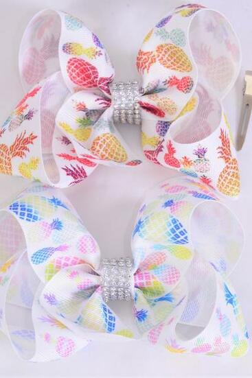 Hair Bow Jumbo Pineapple Mix Grosgrain Bow-tie / 12 pcs Bow = Dozen Alligator Clip , Size - 6" x 5" Wide , 4 of each Pattern Asst , Clip Strip and UPC Code