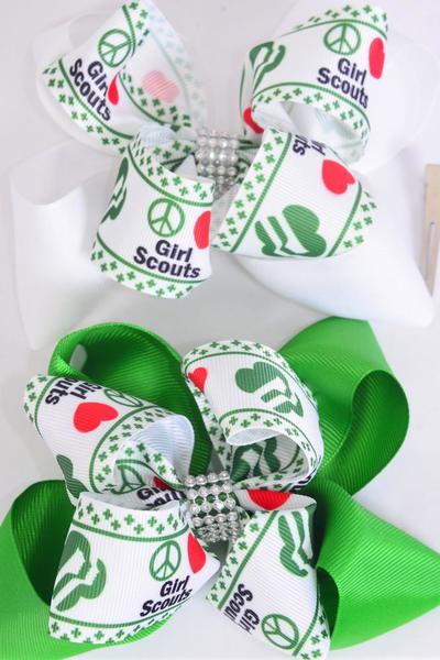 Hair Bow Jumbo Double Layered Girl Scouts Grosgrain Bow-tie / 12 pcs Bow = Dozen Alligator Clip , Size - 6" x 5" Wide , 6 Of each Pattern Asst , Clip Strip & UPC Code