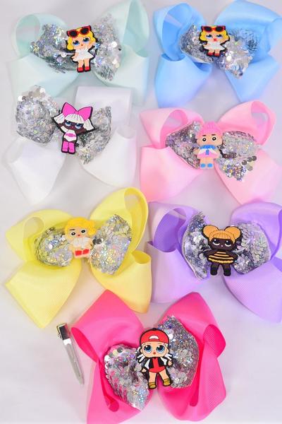 Hair Bow Jumbo Double Layered Flip Sequin LOL Doll Charm Pastel / 12 pcs Bow = Dozen Alligator Clip ,Size-6"x 6" Wide ,2 White ,2 Pearl Pink ,2 Lavender ,2 Hot Pink  ,2 Mint Green ,1 Yellow ,1 Blue Color Asst ,Clip Strip & UPC Code