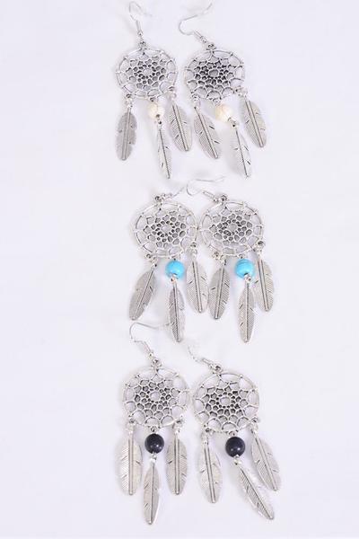 Earrings Metal Antique Dream Catcher Semiprecious Stone / 12 pair = Dozen match 70083 Fish Hook , Size - 2" x 1" Wide , 4 Black , 4 Ivory , 4 Turquoise Asst , Earring Card & OPP Bag & UPC Code