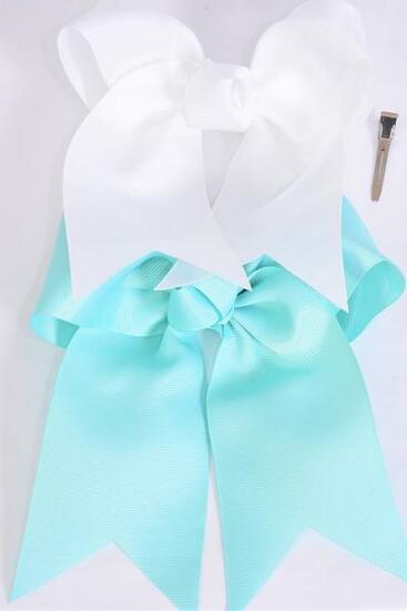 Hair Bow Extra Jumbo Long Tail Cheer Type Bow Mint Green & White Mix Grosgrain Bow-tie / 12 pcs Bow = Dozen Alligator Clip , Size-6.5" x 6" Wide , 6 Mint Green , 6 White Color Asst , Clip Strip & UPC Code