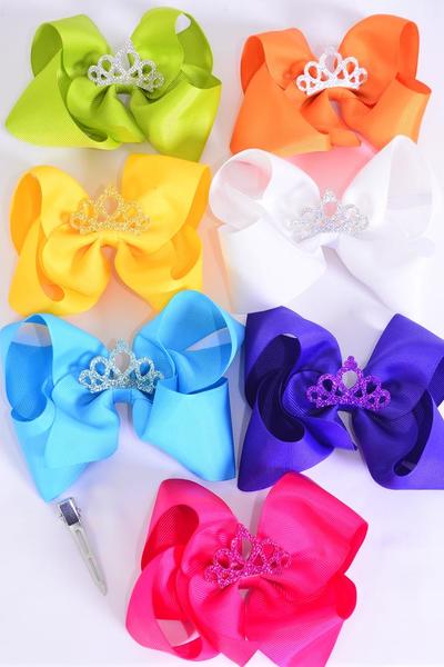 Hair Bow Jumbo Center Glitter Tiara Citrus Grosgrain Bow-tie / 12 pcs Bow = Dozen Alligator Clip , Size - 6" x 5" Wide , 2 White , 2 Yellow , 2 Blue , 2 Fuchsia , 2 Purple , 1 Orange , 1 Lime Color Asst , Clip Strip & UPC Code