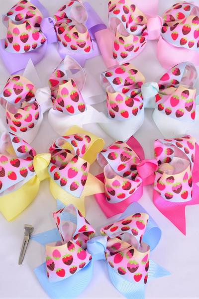 Hair Bow Jumbo Double Layered Strawberry Grosgrain Bow-tie Pastel / 12 pcs Bow = Dozen Alligator Clip , Size - 6 "x 5" Wide , 2 White , 2 Pearl Pink , 2 Lavender , 2 Hot Pink , 2 Mint Green , 1 Blue , 1 Yellow Mix , Clip Strip & UPC Code