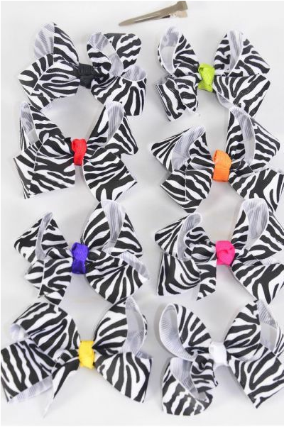 Hair Bow 24 pcs Zebra Print Grosgrain Bow-tie / 24 pcs Bow = Dozen  Alligator Clip , Size - 3" x 2" , 2 White , 2 Fuchsia , 2 Purple ,1 Bk ,1 Yellow , 2 Rd ,1 Orange ,1 Lime Mix , Clip Strip & UPC Code ,12 pair = Dz