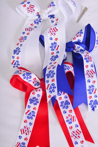 Hair Bow Jumbo Long Tail Jumbo Double Layered 4th of July Patriotic Paw Grograin Bow-tie / 12 pcs Bow = Dozen  Alligator Clip , Bow - 6.5" x 6" Wide , 4 Of Each Pattern Mix , Clip Strip & UPC Code