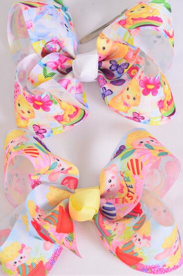 Hair Bow Jumbo Easter Bunny & Chick Grosgrain Bow-tie / 12 pcs Bow = Dozen Alligator Clip , Size - 6" x 5" Wide , 6 Of each Pattern Asst , Clip Strip and UPC Code