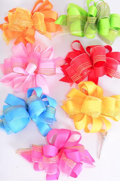 Hair Bow Loop Bow Grosgrain Chiffon Mix Multi / 12 pcs Bow = Dozen  Alligator Clip , Bow Size - 5" x 4", 2 Hot Pink , 2 Red , 2 Blue , 2 Yellow , 2 Baby Pink , 1 Lime , 1 Orange Mix , Clip Strip & UPC Code