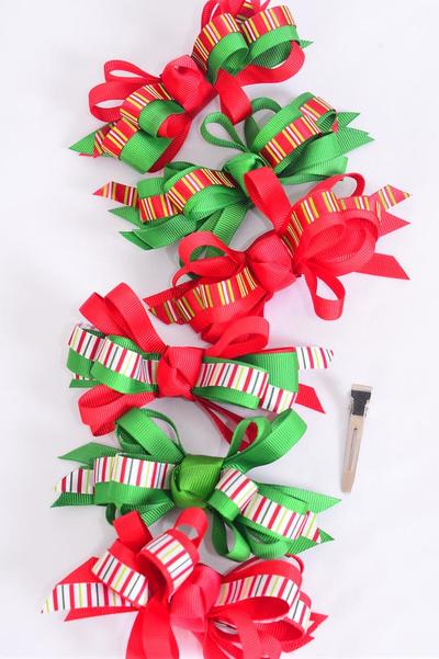 Hair Bow Large Xmas Loop Bow Candy Stripe Grosgrain Bow / 12 pcs Bow = Dozen Christmas , Alligator Clip , Bow Size - 4" x 3" Wide , 2 of each Pattern Asst , Display Card & UPC Code , W Clear Box