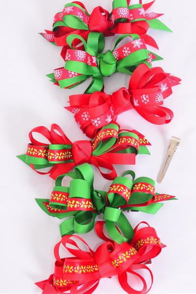Hair Bow Large Xmas Loop Bow Holly Snowflake Mix Grosgrain Bow / 12 pcs Bow = Dozen Christmas , Alligator Clip , Size - 4.5" x 3.5" Wide , 2 of each Pattern Asst , Display Card & UPC Code,Clear Box