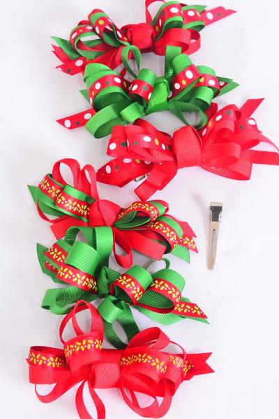 Hair Bow Large Xmas Loop Bow Satin Holly & Polka dots Mix Grosgrain Bow / 12 pcs Bow = Dozen Christmas , Alligator Clip , Bow Size - 4.5" x 3.5" Wide , 2 of Pattern Asst , Display Card & UPC Code , W Clear Box