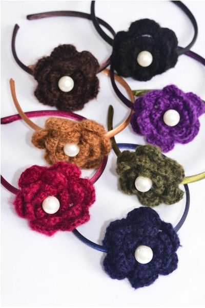 Headband Horseshoe Iceland Wool  Crochet Flower Dark Multi / 12 pcs = Dozen Flower Size - 3.5" Wide , 2 Black , 2 Navy , 2 Brown , 2 Burgundy , 2 Purple , 1 Camel ,1 Olive Color Asst , Hang tag & UPC Code ,W Clear Box