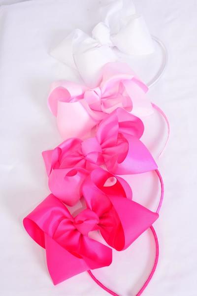 Headband Horseshoe Jumbo Grosgrain Bow-tie Pink Mix / 12 pcs = Dozen Bow Size - 6" x 5" Wide , 3 Baby Pink , 3 Hot Pink , 3 Fuchsia , 3 White Mix , Hang Tag & UPC Code,Clear Box